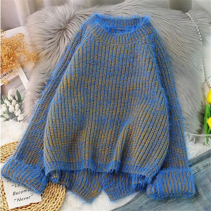 

свитер Couple Pullover Knitted Top Harajuku Split Loose Chic Sweater 2021New O-neck Large Size Fashion Mohair Pure Blue Women's