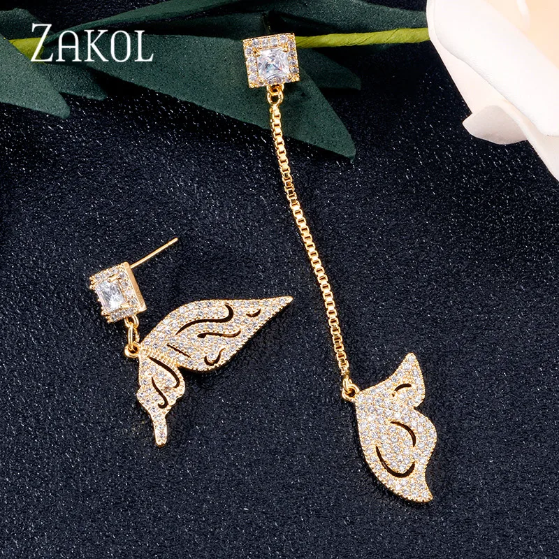 Gold Color ZAKOL выгодная модная популярная бабочка длинная линия Чистая медь висячие серьги CZ для женщин девушек в годовщину свадьбы FSEP2353 - Окраска металла: Gold Color
