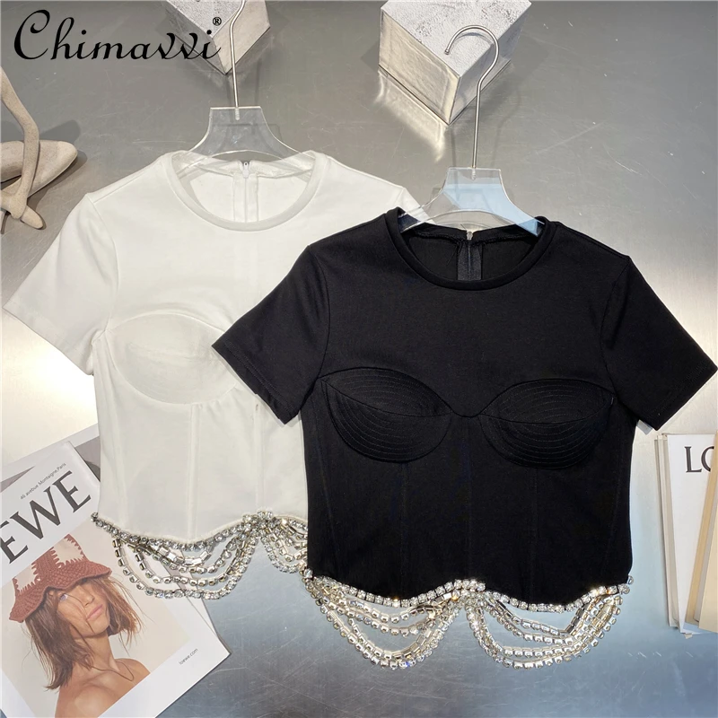 

Женские топы в французском стиле, облегающая футболка с коротким рукавом и тяжелыми краями Стразы, лето 2021, модная уличная короткая футболк...