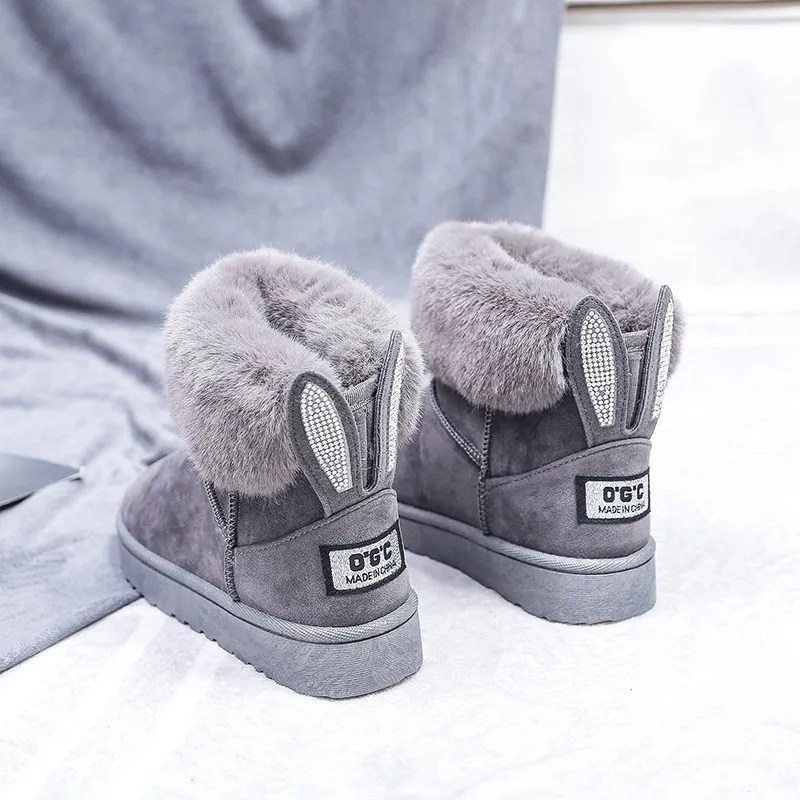 

Women Boots Fox Fur Brand Winter Shoes Warm Snow Boots Black Round Toe Casual Female Slip-on Woolen Boot Sweet Flock flats