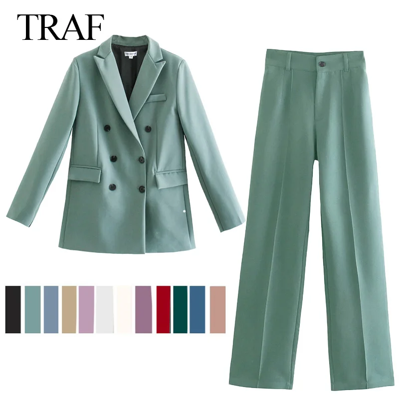 TRAF Women's Jacktet Double Breasted Notched Blazer Office Suit Pantsuit Solid Long Sleeve Suit + Trousers Blazer Women Mujer