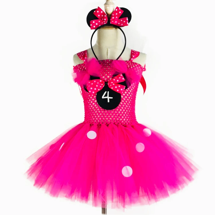 Lovely Baby Pink Mickey Cartoon Tutu Dress Girls Crochet with White Dots and Hairbow Children Birthday Party Costume | Детская одежда и