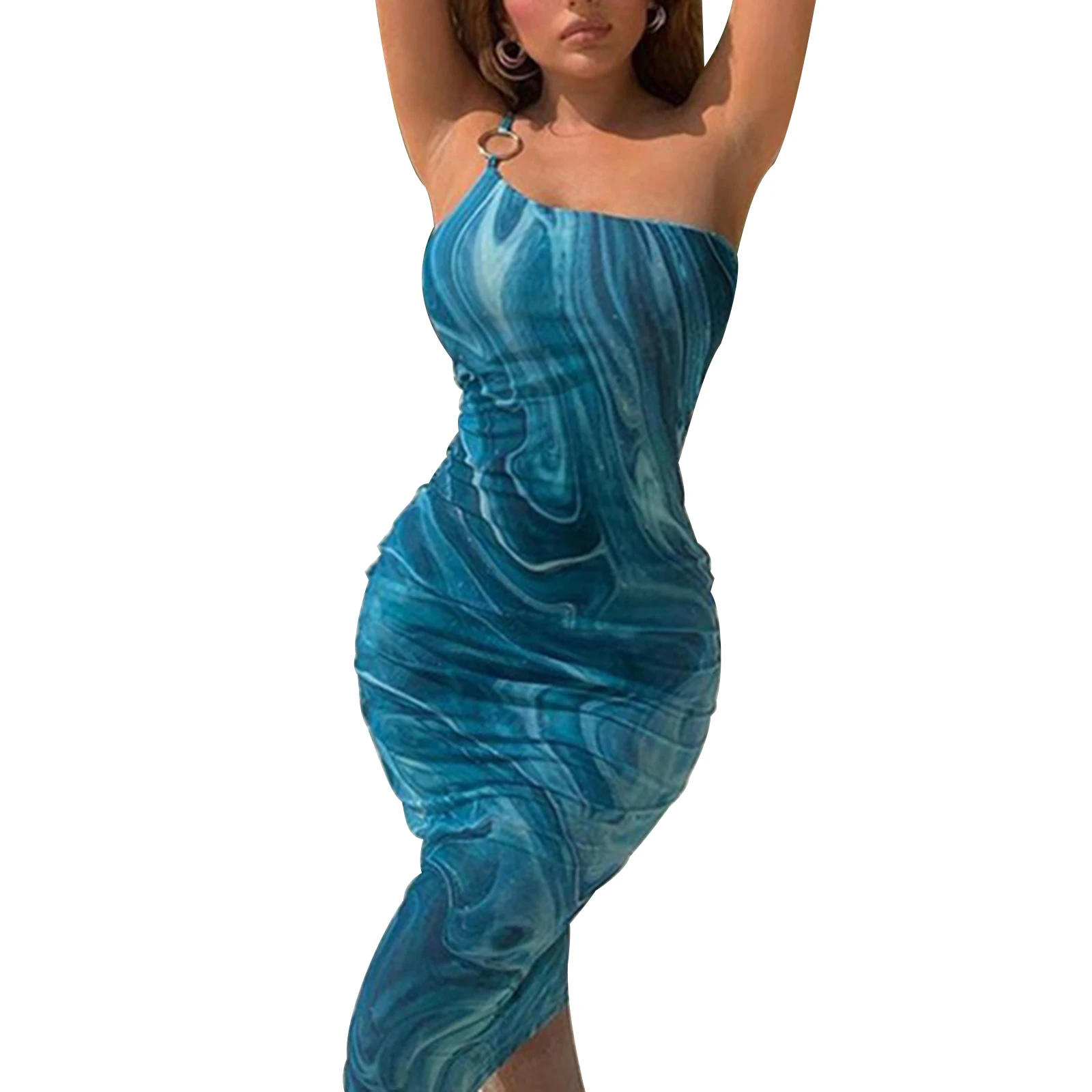 

2021 New Women Summer Printed Dress, Adults Slim Fit One Shoulder O-ring Spaghetti Strap Fashion Soft