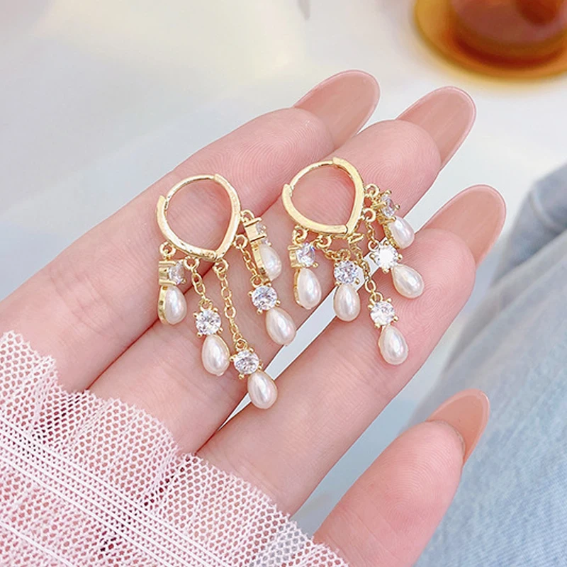 

Bohemia Popular Crystal Pearl Tassel Earring for Women 14K Real Gold Temperament Stud Earrings Femme Fashion Jewelry Pendant