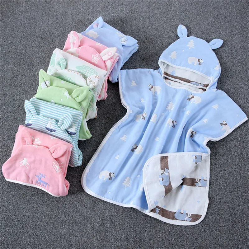 Детское пляжное полотенце пончо с капюшоном 6 слоев хлопок газовая ткань детское