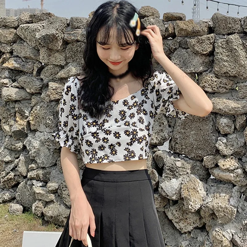 

Women's Sling Blouse Sweet Floral Print Blouses Summer Square Collar Short Sleeve Shirtops New