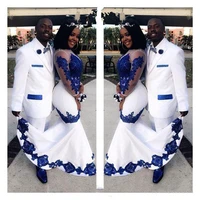 new white satin royal blue lace aso ebi african prom dresses long illusion sleeves appliqued mermaid evening formal gowns %d0%bf%d0%bb%d0%b0%d1%82%d1%8c%d0%b5