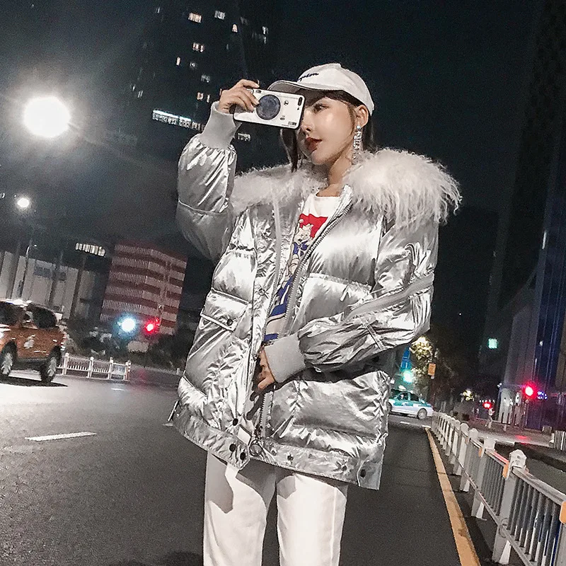 Модное зимнее пуховое пальто с большим меховым воротником для женщин 2019 новое