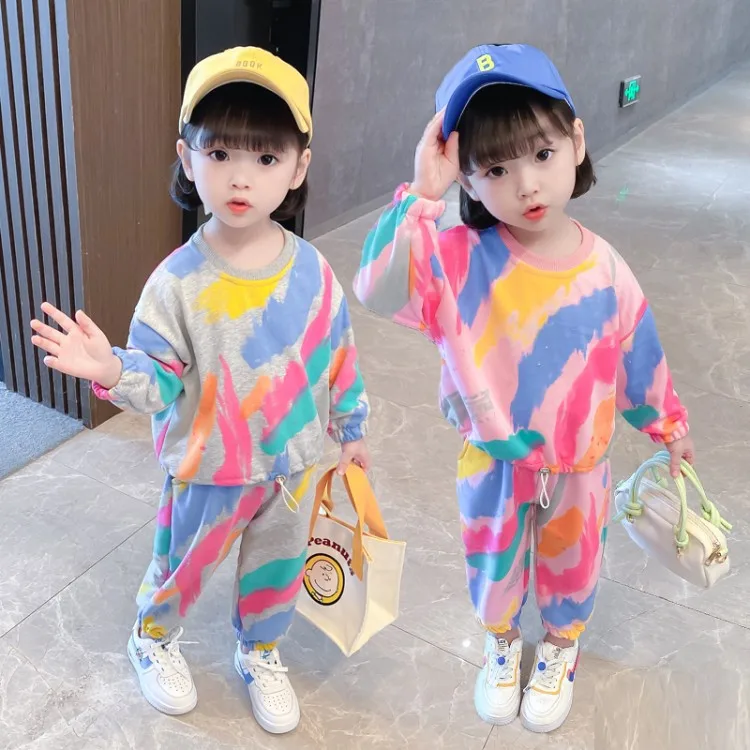 

Girls' printed sweater sweatpants suit autumn children's bottoming shirt tops casual two-piece pants