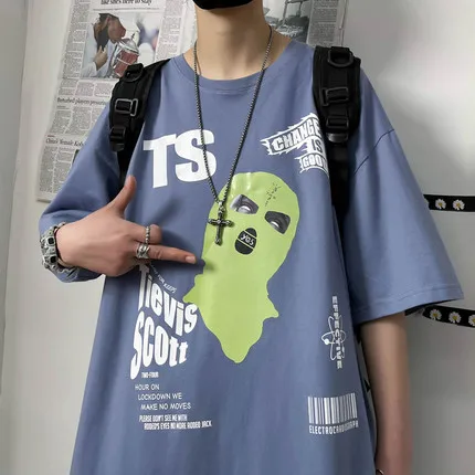 

han Men's hip-hop t-shirt short-sleeved tide brand top half-sleeved ins tide wild loose round neck