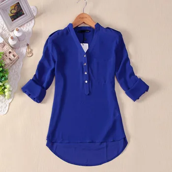 Women Blouse Button V Neck Spring Summer V-neck Chiffon fabric Long Sleeve Casual Shirt Office Lady Elegant Blouse Shirt Tops P5 1