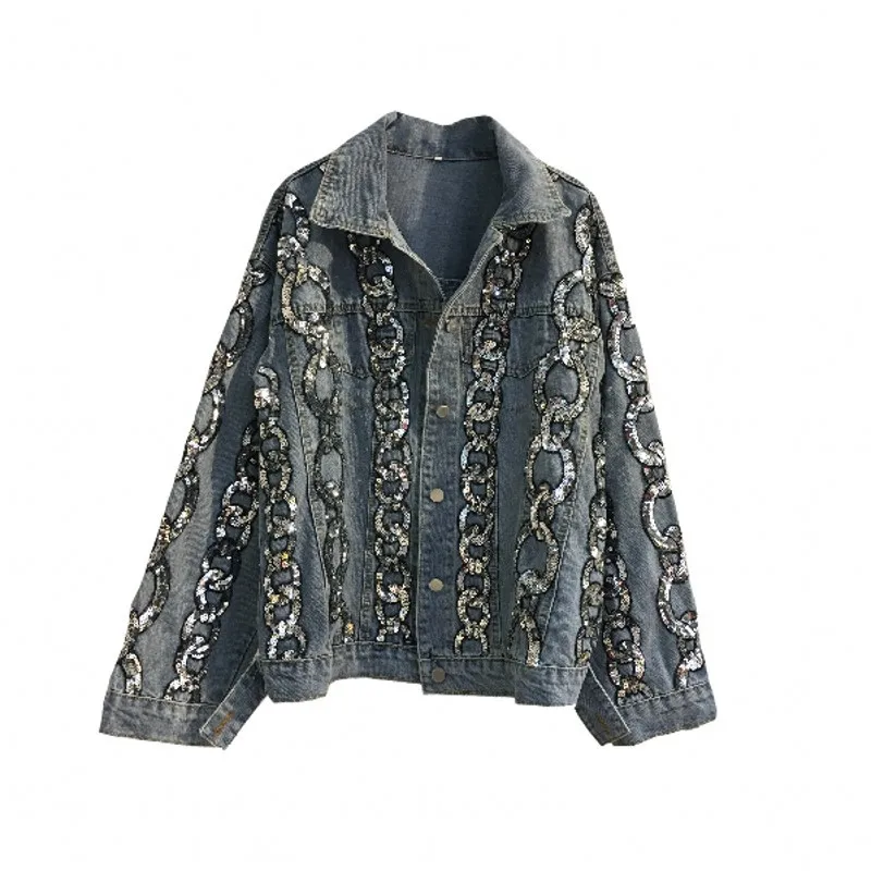 

Sequins Jean Jackets Women Spring And Autumn Vintage Stand Collar Batwing Sleeve Denim Coat BF cowboy jean jacket BY220