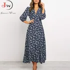 Женское летнее элегантное платье макси с цветочным принтом 2022, богемное повседневное длинное платье с рукавом три четверти и v-образным вырезом для офиса, Пляжное платье, туника