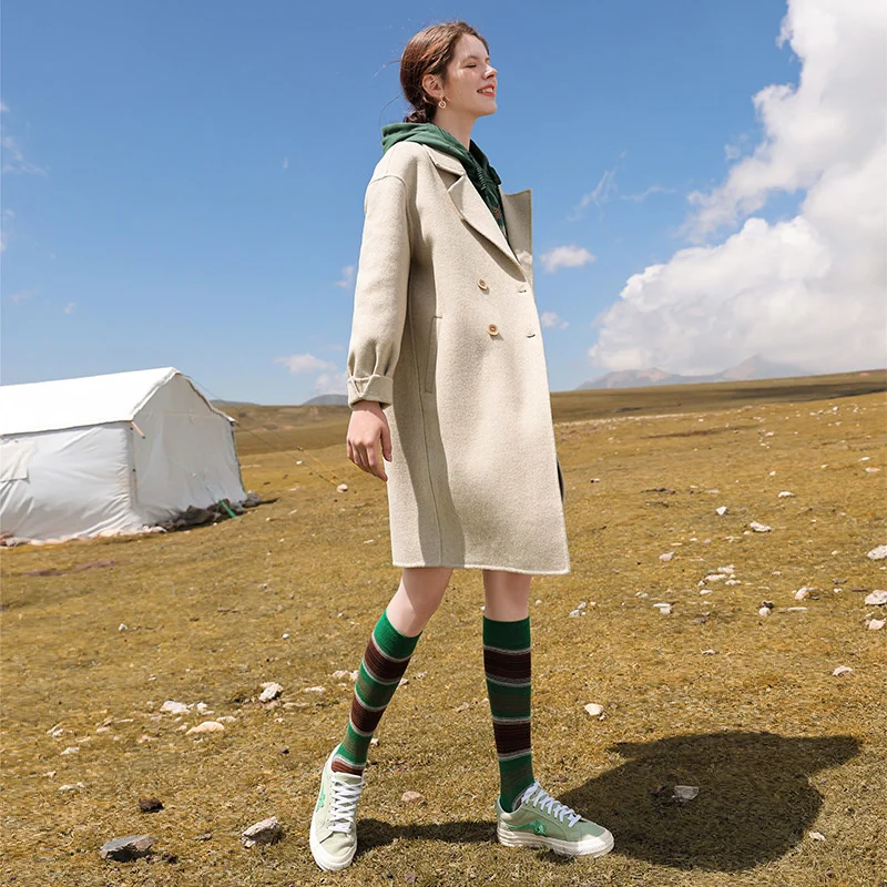 

SHZQ Double Sided Tweed Coat Women's New Winter Temperament in 2021 Beige Wool Medium Long Tweed Coat