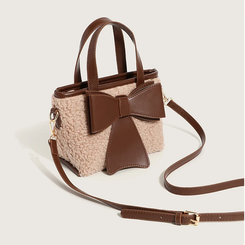 Autumn And Winter New Women's Handbag Lamb Down Bow Decoration Pu Leather 2021 Brand Designer Japanese Cute Shopping Fashion Bag