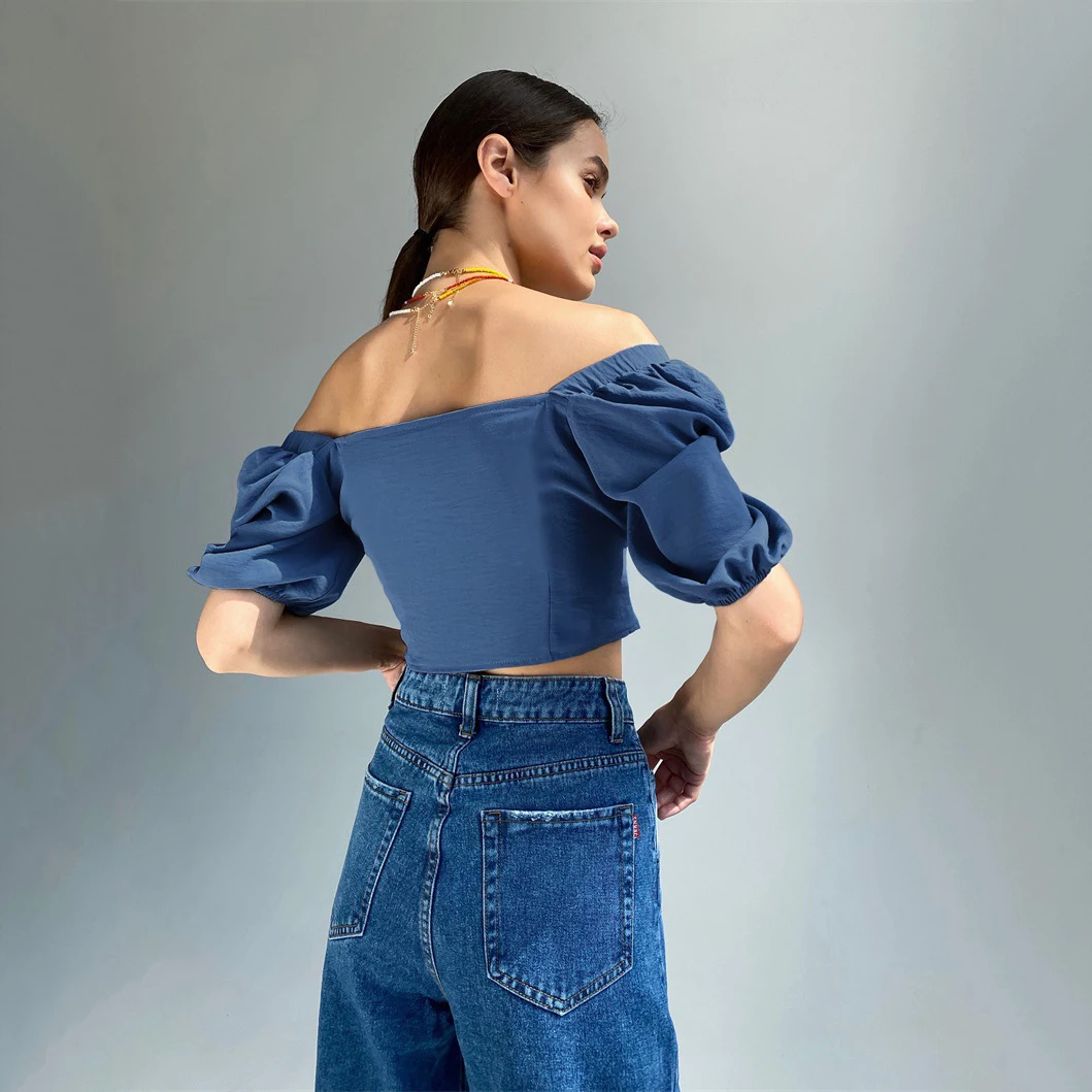 

2021 Elegant Women Puff Sleeve Short White Shirt Female Slim Fit Office Streetwear Solid Color Vintage Blouse Roupas Chic Tops