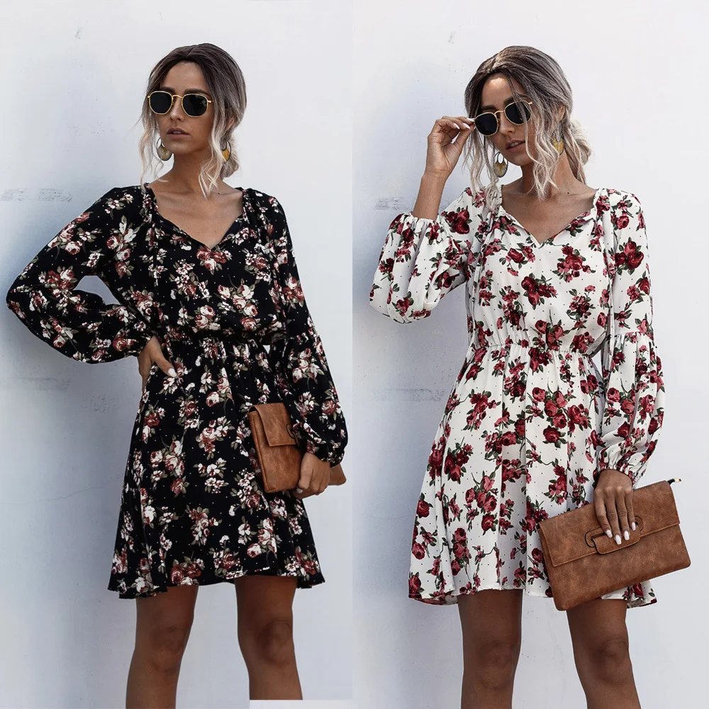 

Осеннее мини-платье женское винтажное платье с принтом Повседневные Вечерние сексуальные платья с v-образным вырезом и длинным рукавом бел...