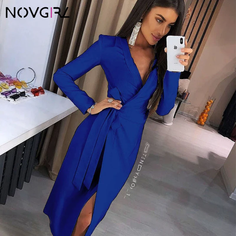 Novgirl сексуальное облегающее женское платье с v образным вырезом и поясом Осень