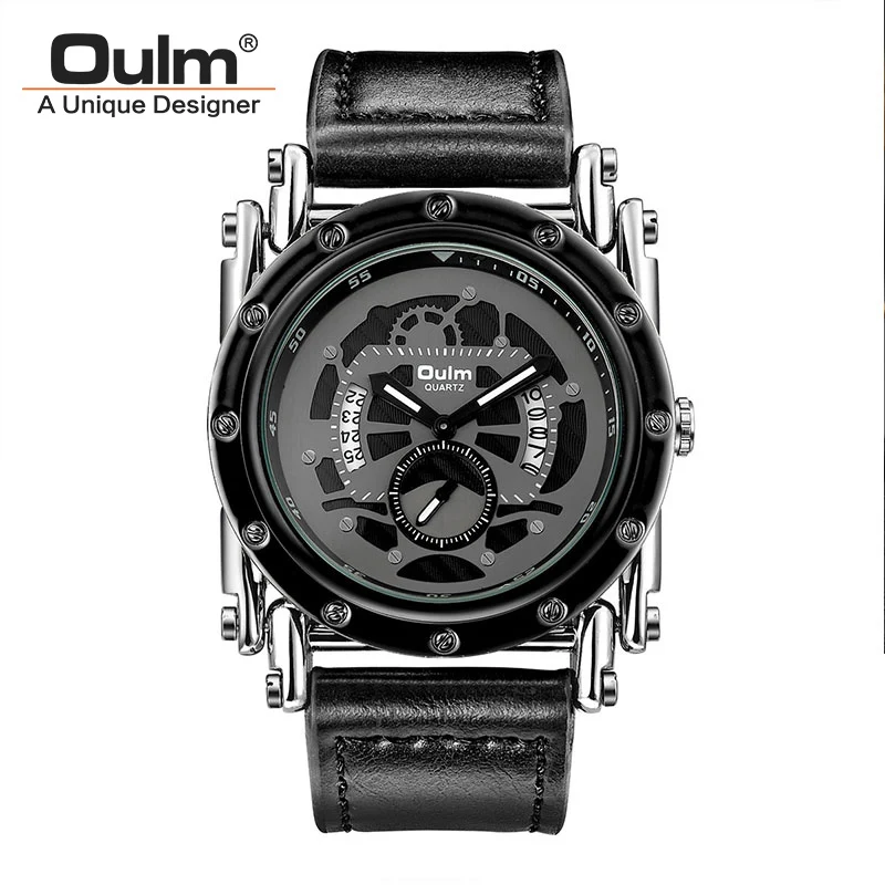 silver Oulm крутые Панк мужские часы роскошные кожаные кварцевые мужские часы водонепроницаемые спортивные Ретро Модные золотые черные часы дропшиппинг - Цвет: silver