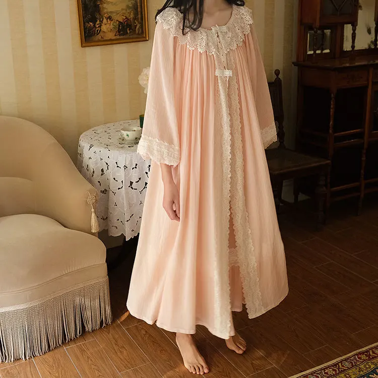 

Robe Sets Princess Woman Cotton Dressing Gown Vintage Style Long Sleeve Robe Sleepwear 3 Color Pink White Blue