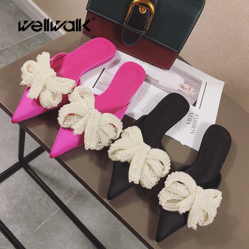 

Pearl Bow Mules Shoes Women Ultimate Chic Flats Slippers Female Dress Satin Designer Slides Women 2020 Brand New