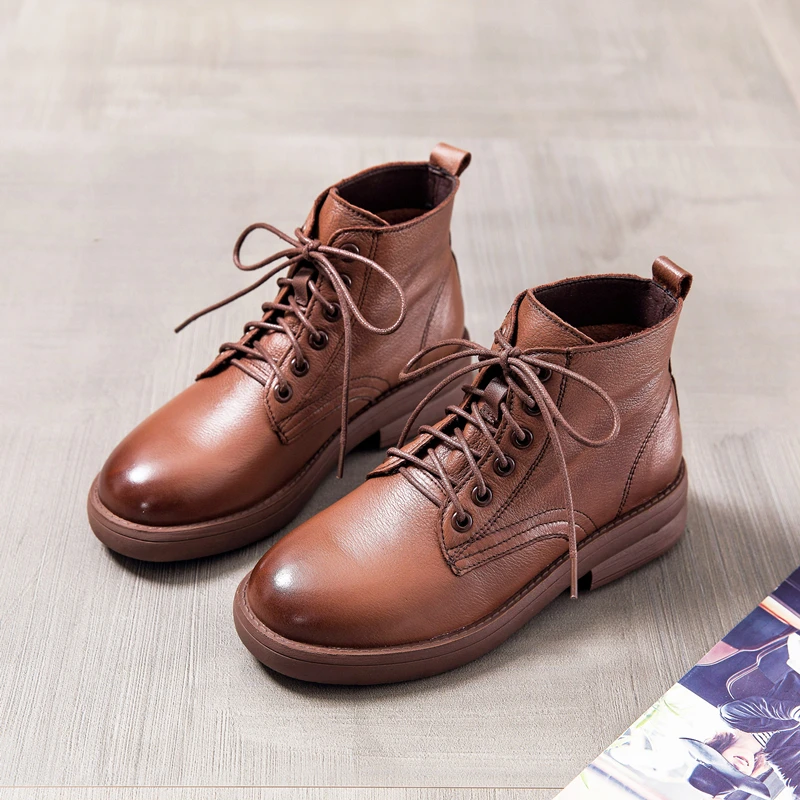

Women's Ankle Boots Genuine Leather Warm Flannel Lace-up Med Heel New Autumn Winter Boots Round Toe Platform Female Casual Shoes