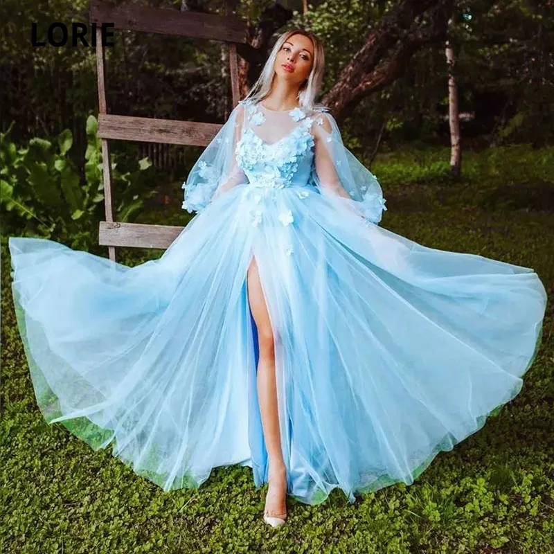 

LORIE Light Blue Evening Dresses O-Neck Long Sleeves Appliques Flowers A-Line Tulle Side Split Prom Party Gown for Graduation