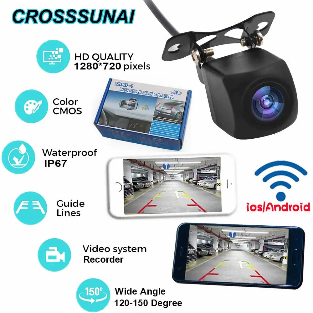 

CROSSSUNAI 1280*720P WIFI Автомобильная камера заднего вида/Переднего Вида, резервная видеокамера, видеозапись HD, камера заднего вида