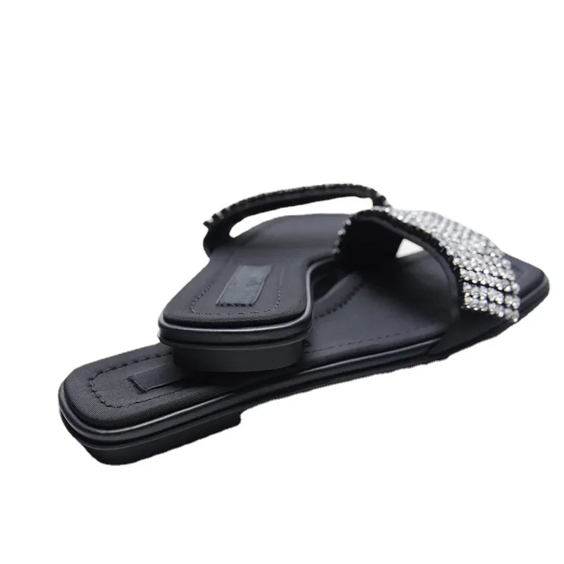 

2021 Summer New Women Slippers Flat Casual Fashion Rhinestone Fashion Square Toe Slippers Flat Open Toe Sandals Beach Shoes