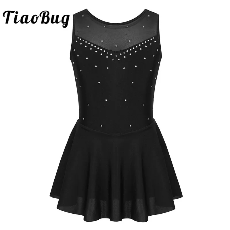 

TiaoBug Kids Teens Sleeveless Sparkly Rhinestone Tulle Figure Skating Dress Gymnastics Leotard Girls Ballet Costume Dance Wear