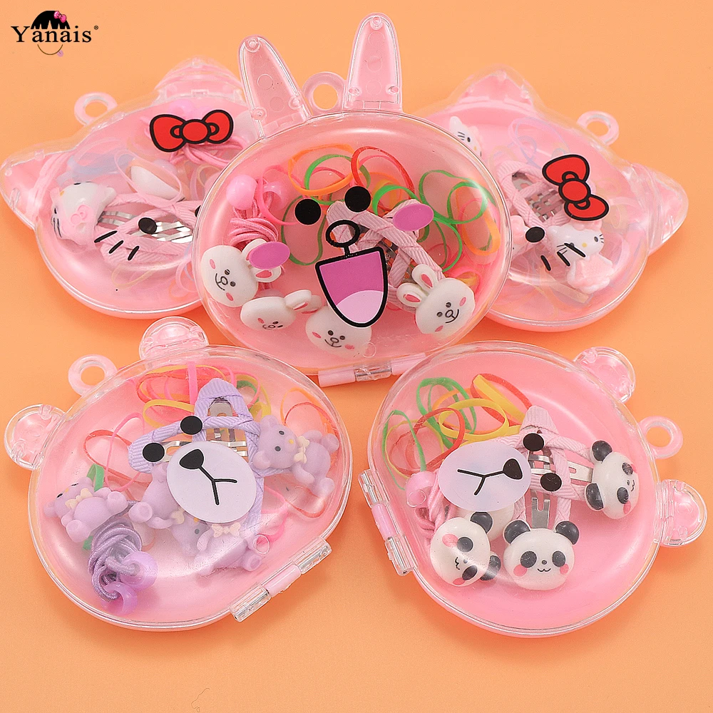 Милые детские аксессуары для волос hello kitty для девочек, детские заколки для волос с медвежонком и кроликом, эластичные резинки для волос с коробкой для хранения
