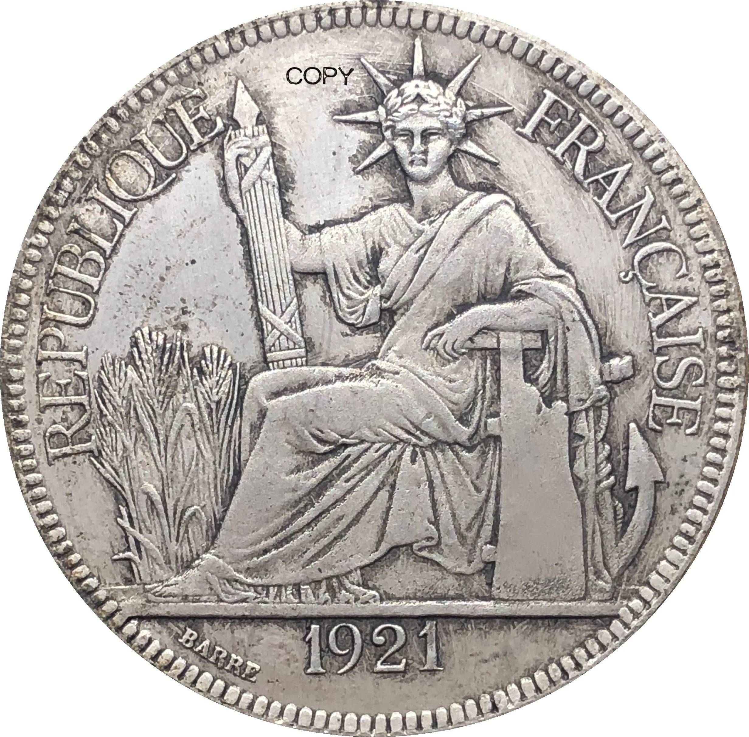 Французская монета Indochina 1921 H 1 Piastre Commerce REPUBLIQUE FRANCAISE cuproniccel с посеребренным
