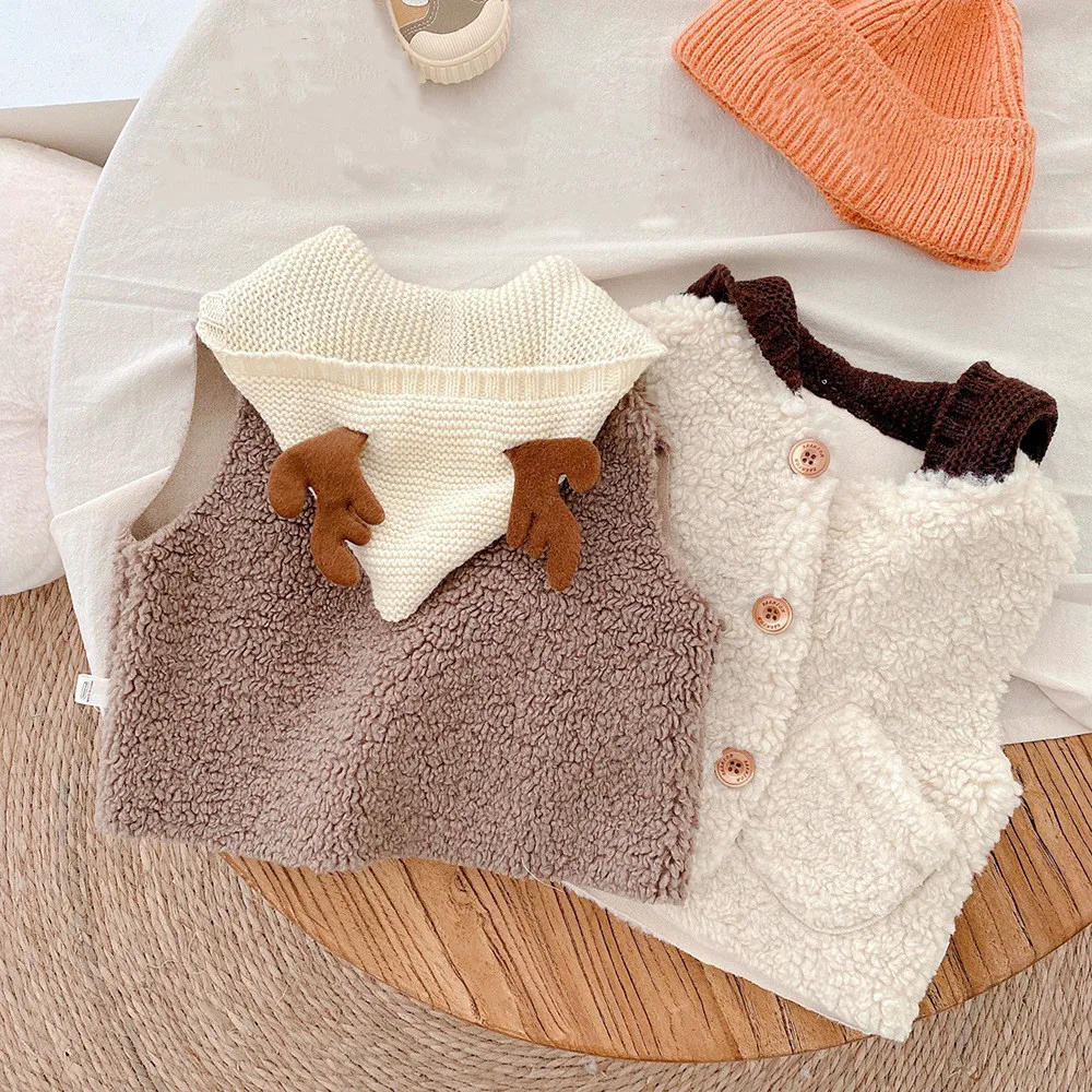 

0-6 Years Old Children's Autumn And Winter Vest Men And Women Baby Teddy Fleece Jacket Infant Solid Color Vest