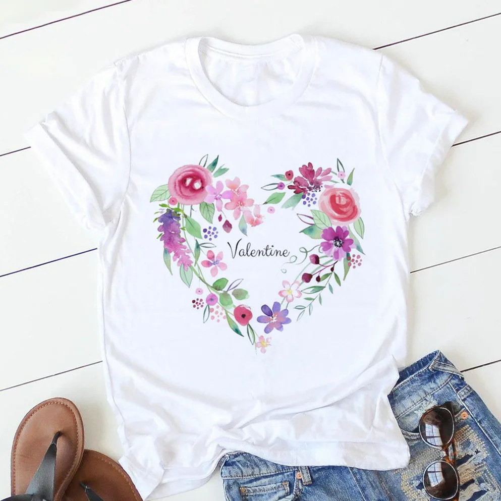 

Loose women's T-shirt Love Heart Printed Korean Style Graphic Tops Harajuku lovers O Neck Female Clothes Tops Tees Girl Clothes