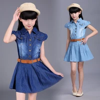 girls denim floral dress summer party dress with belt children flying short sleeve casual clothing baby girl kids fashion outfit