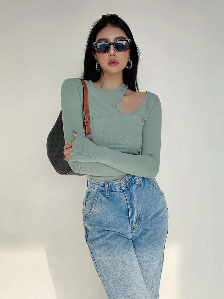 

Hot Girl Hollowing Shoulder T-shirt Women Long Sleeve Round Neck Short Bottoming Top Sexy Tops Exposure Of Navel Vogue Crop Top