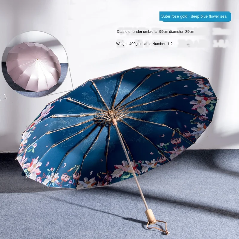 

umbrella 16K windproof three-folding rose flower women umbrella fashion wooden handle color coating sunscreen UV sunny and rainy