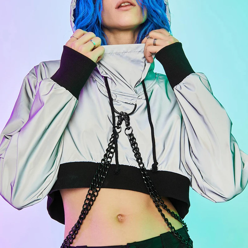 Готический черный женский светоотражающий топ с капюшоном и шнуровкой на