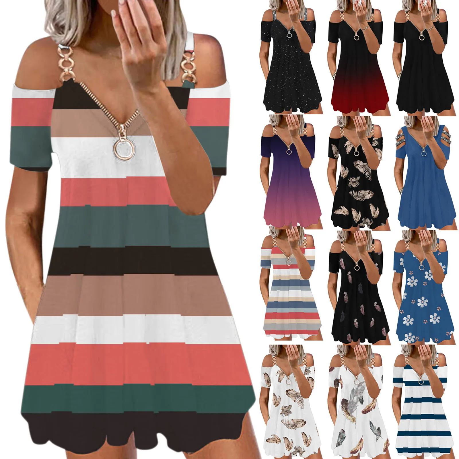 

Women Dress Summer Feather Print Dresses Chian Sold Shoulder Strap Casual V-neck Short Sleeve Sexy Zipper Dress Sundress Vestido