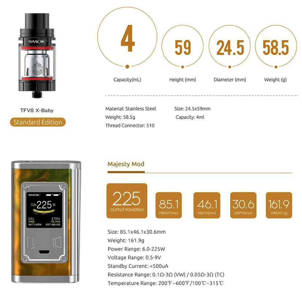 Оригинальный SMOK 225W Majesty Vape Mod 5 мл TFV8 Big Baby 4 X baby Tank электронная сигарета комплект