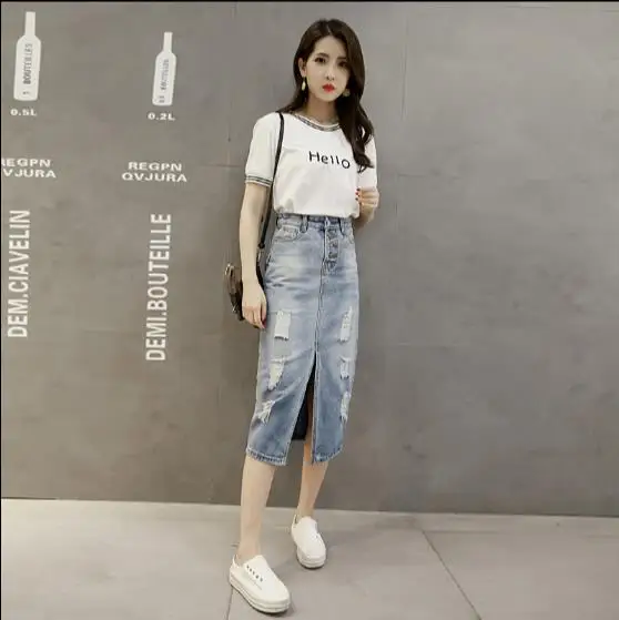 2019 New Spring Summer Autumn fashion women long denim skirt Vintage maxi skirts hole jeans pencil RQ360 | Женская одежда