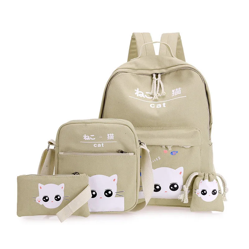 

Hot 4 Pcs/set Fashion Korean Women Backpack Canvas Lovely Cartoon Cat Printed Shoulder Bags Pencil Case Lady Girl School Bag