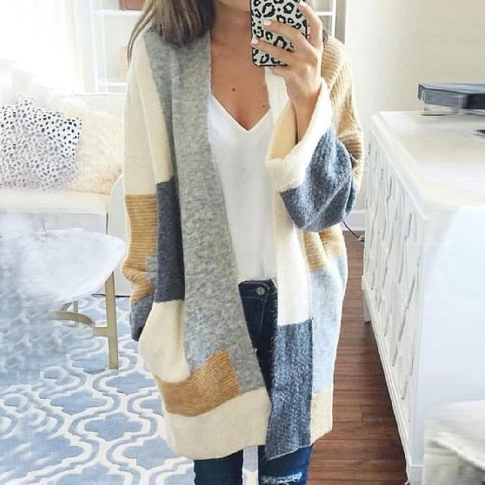 

Длинный вязаный свитер, кардиган, Женское зимнее осеннее пальто в стиле пэчворк, женская верхняя одежда с открытой передней частью, новинка ...