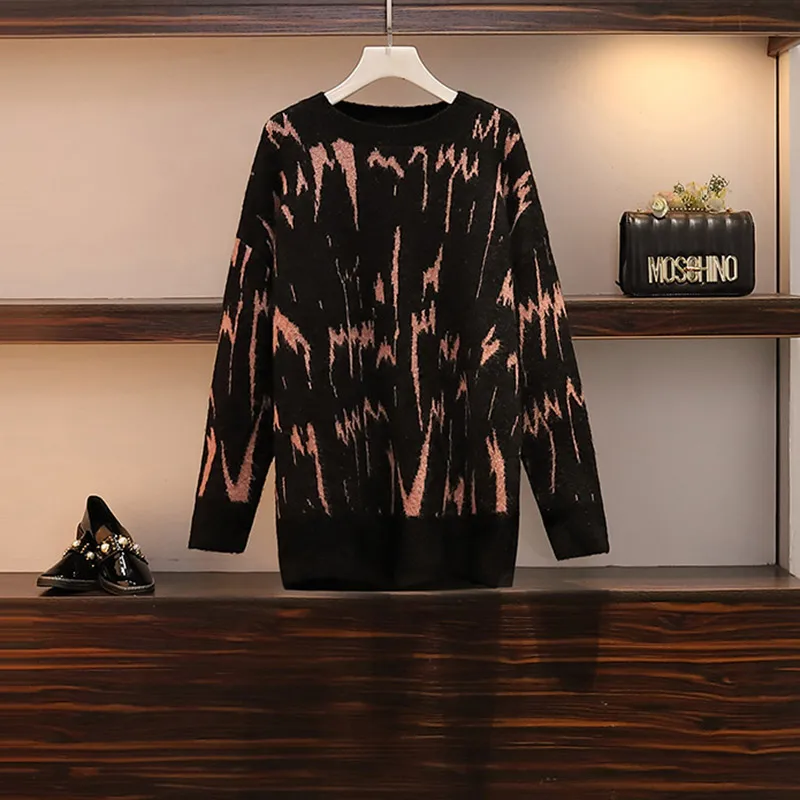 Sweater Trytree/ осенне-зимние женские комплекты из двух предметов повседневный черный свитер с круглым вырезом+ юбка фиолетовый эластичный пояс, вуаль Кол-во изделий, 2 комплекта - Цвет: Sweater
