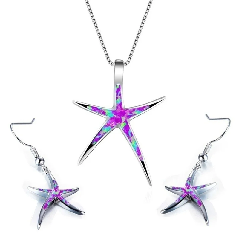 

2023 Fashion Jewelry Set For Women Accessories Trendy Starfish Design Blue Imitation Fire Opal Pendant Necklace With Earrings