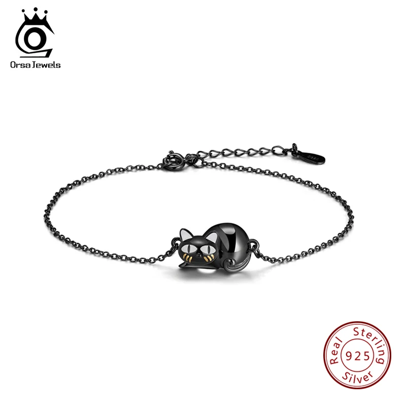 SB31 ORSA JEWELS, женские серьги из настоящего серебра, яркий черный цвет, кот, эмаль, дизайн, для девушек, серебряные, вечерние, ювелирное изделие - Цвет камня: SB31