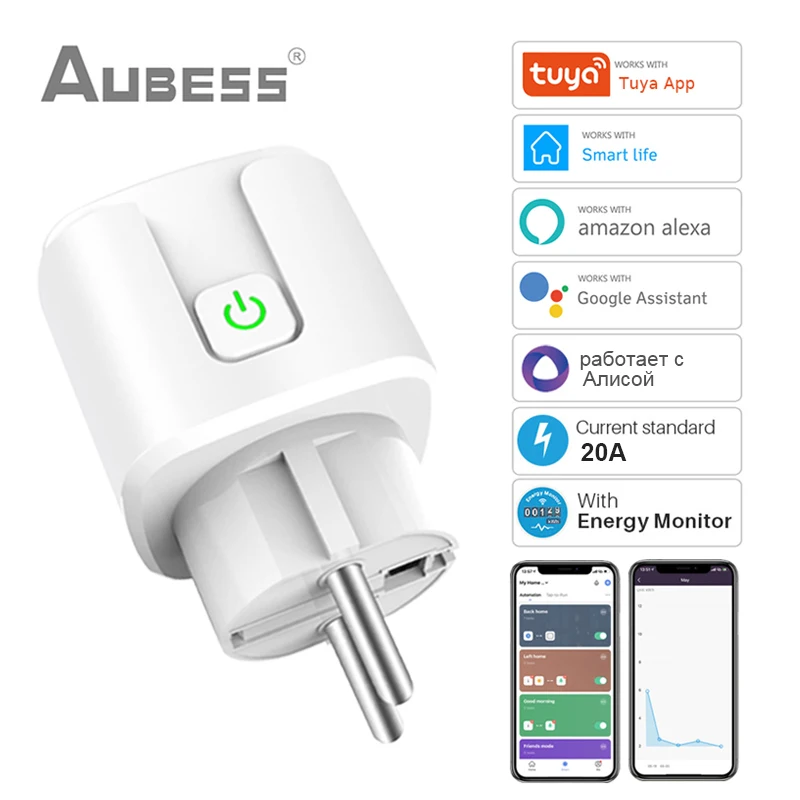 AUBESS 20A Умная розетка WiFi Смарт-розетка EU Power Monitor Функция синхронизации Tuya SmartLife APP