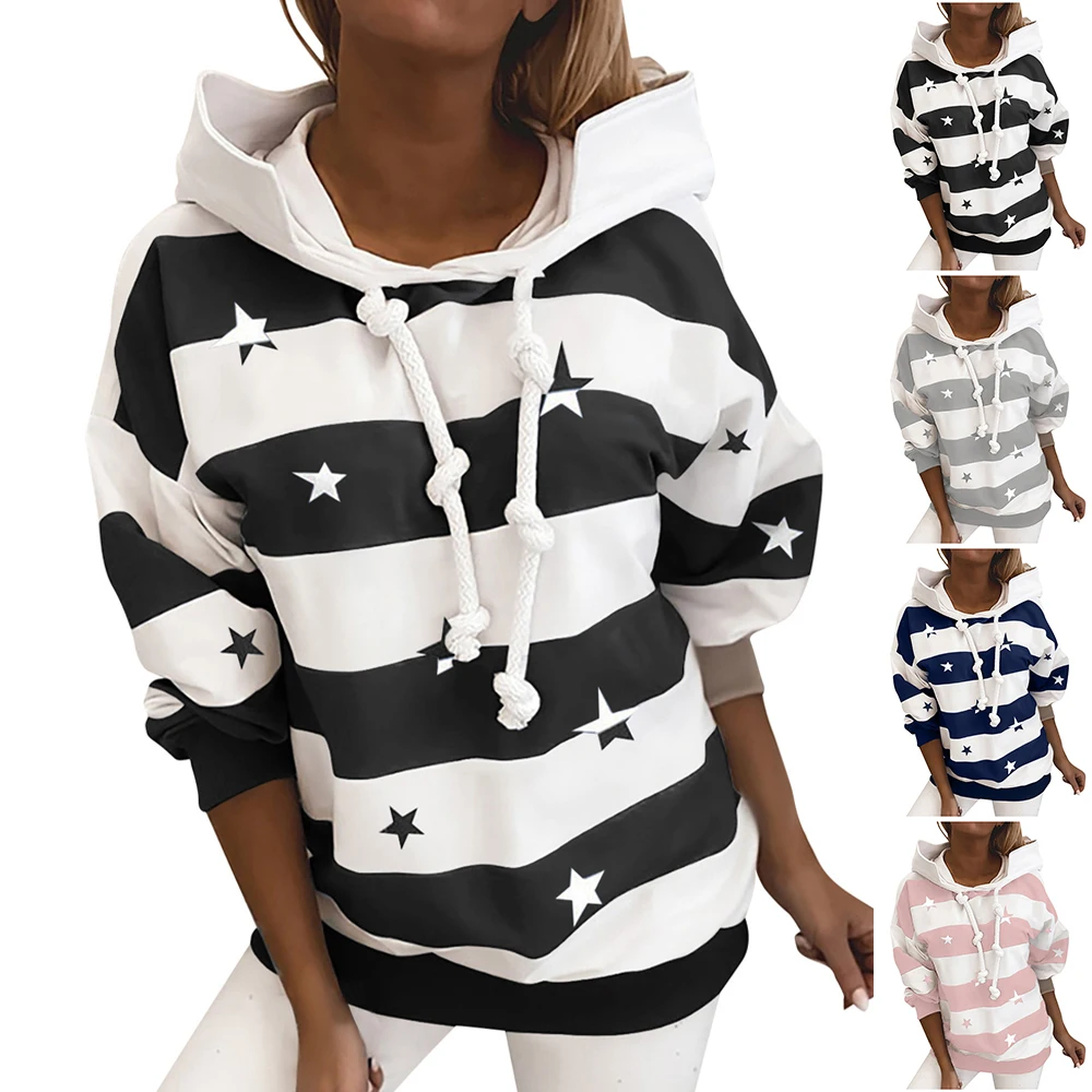 

Striped Star Hoodie Vintage Womens Long Sleeve Hooded Holiday Ladies Pullovers Hooded Jumper Pullover Tops Sweatshirt