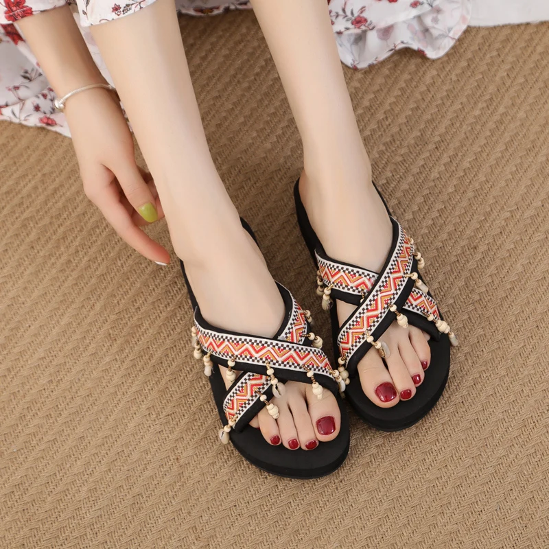

Beach Shoes On A Wedge Woman's Slippers Fringe Slides Platform Med Sabot 2021 Soft Flat Rubber Fabric Ethnic PU Cotton Shoes Lad