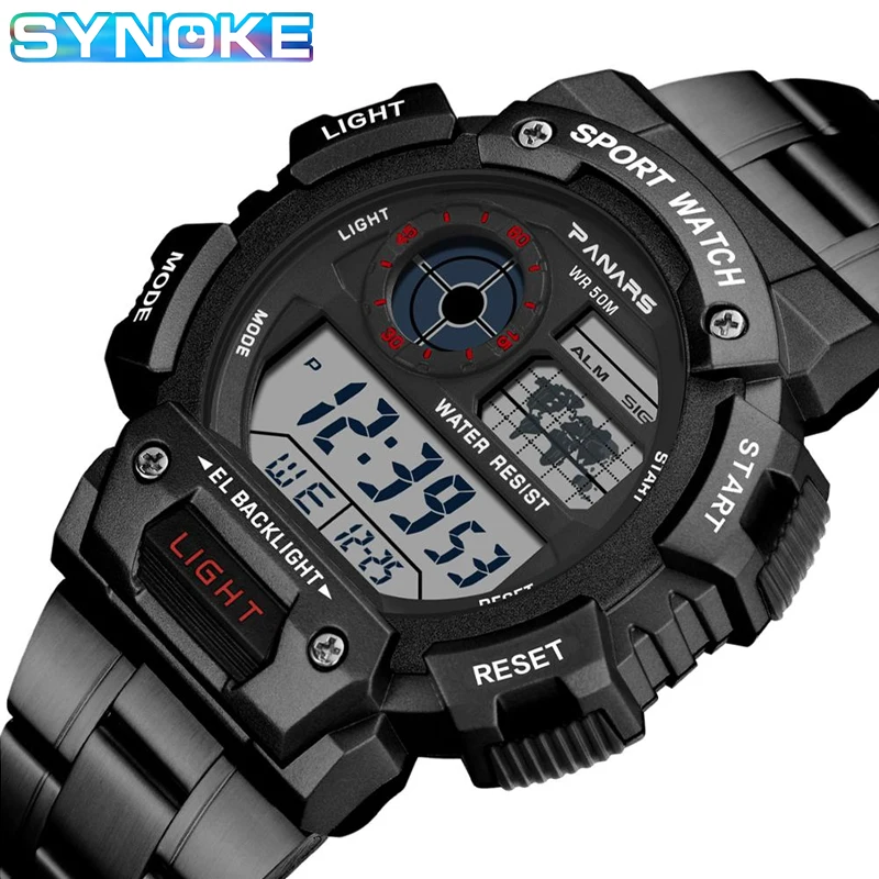 SYNOKE Sport Watches For Men Waterproof Top Luxury Brand Alloy Strap Led Luminous Electronic Digital Watches Mens Reloj Hombre